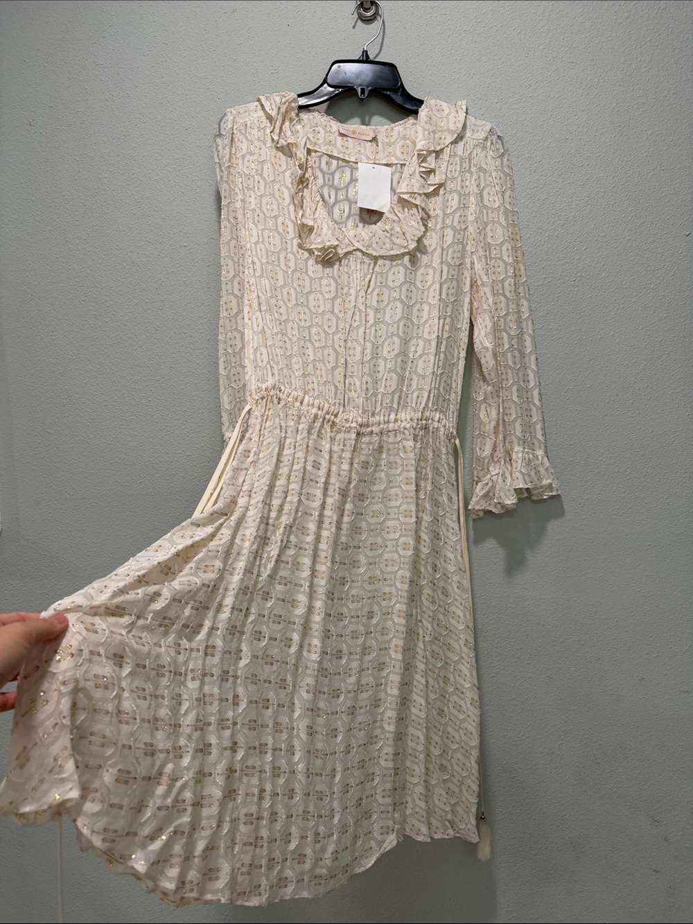 Tory Burch Cream Ruffle-Neck Long Sleeve Dress
